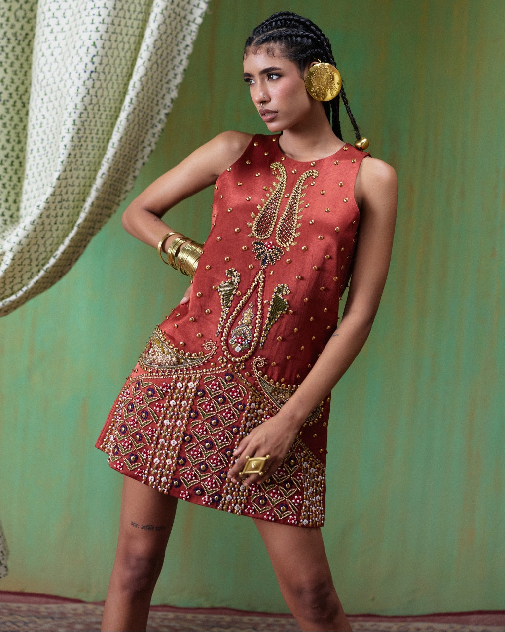 Shararat Rust Red Embroidered Mini Dress