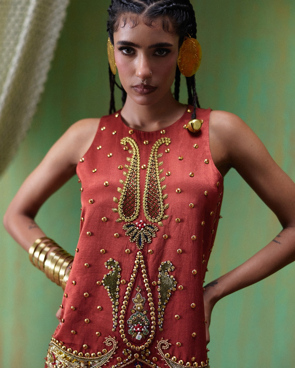 Shararat Rust Red Embroidered Mini Dress