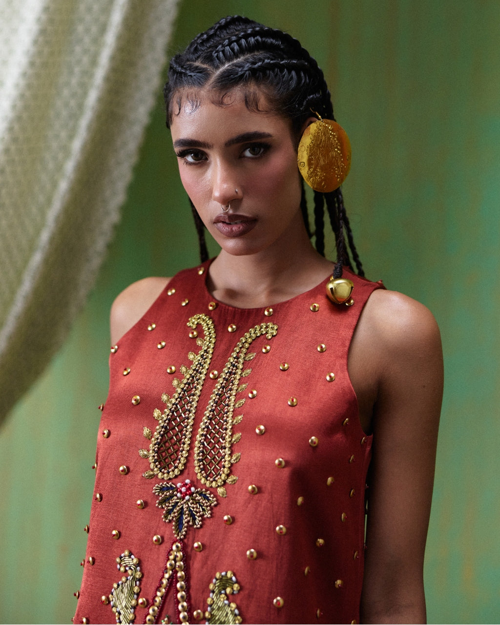 Shararat Rust Red Embroidered Mini Dress