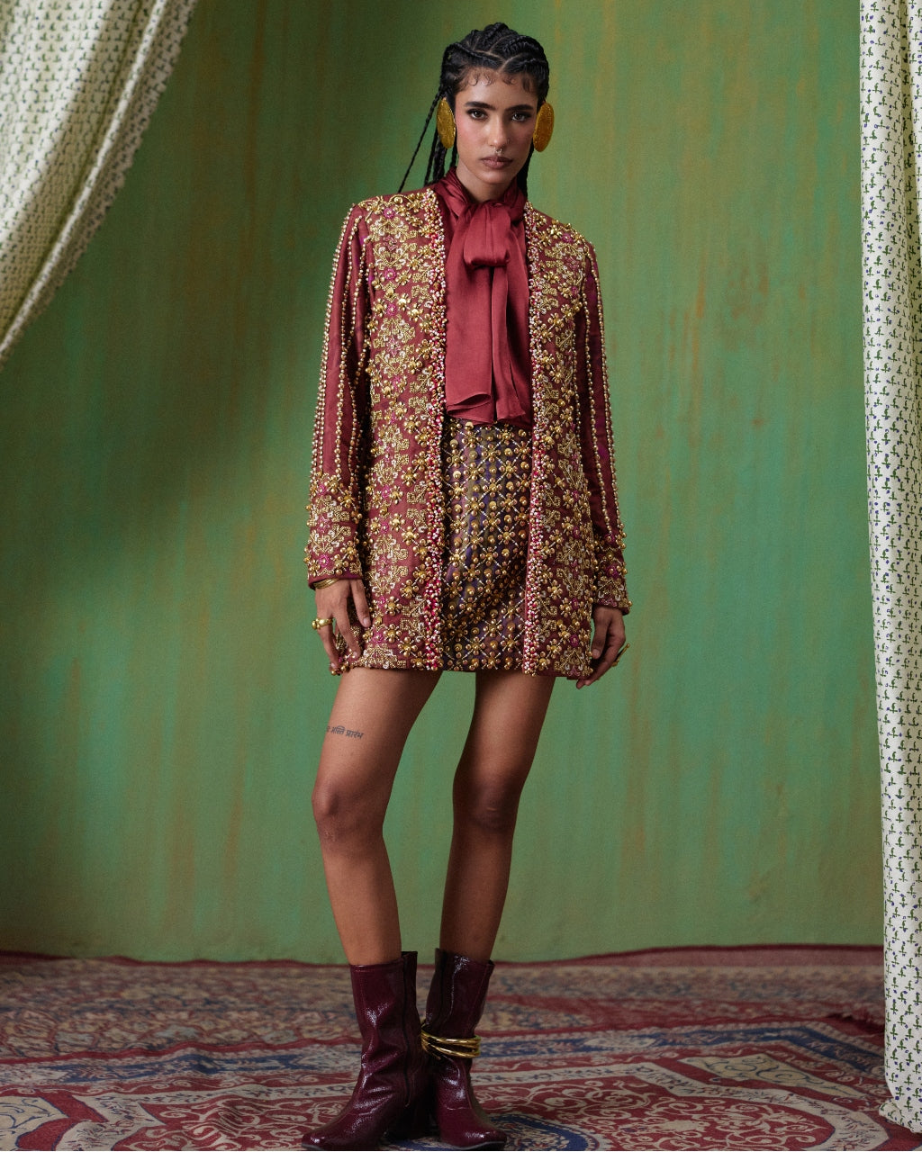 Rekha Maroon Embroidered Blazer Skirt Set