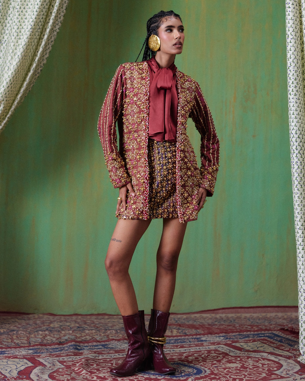 Rekha Maroon Embroidered Blazer Skirt Set