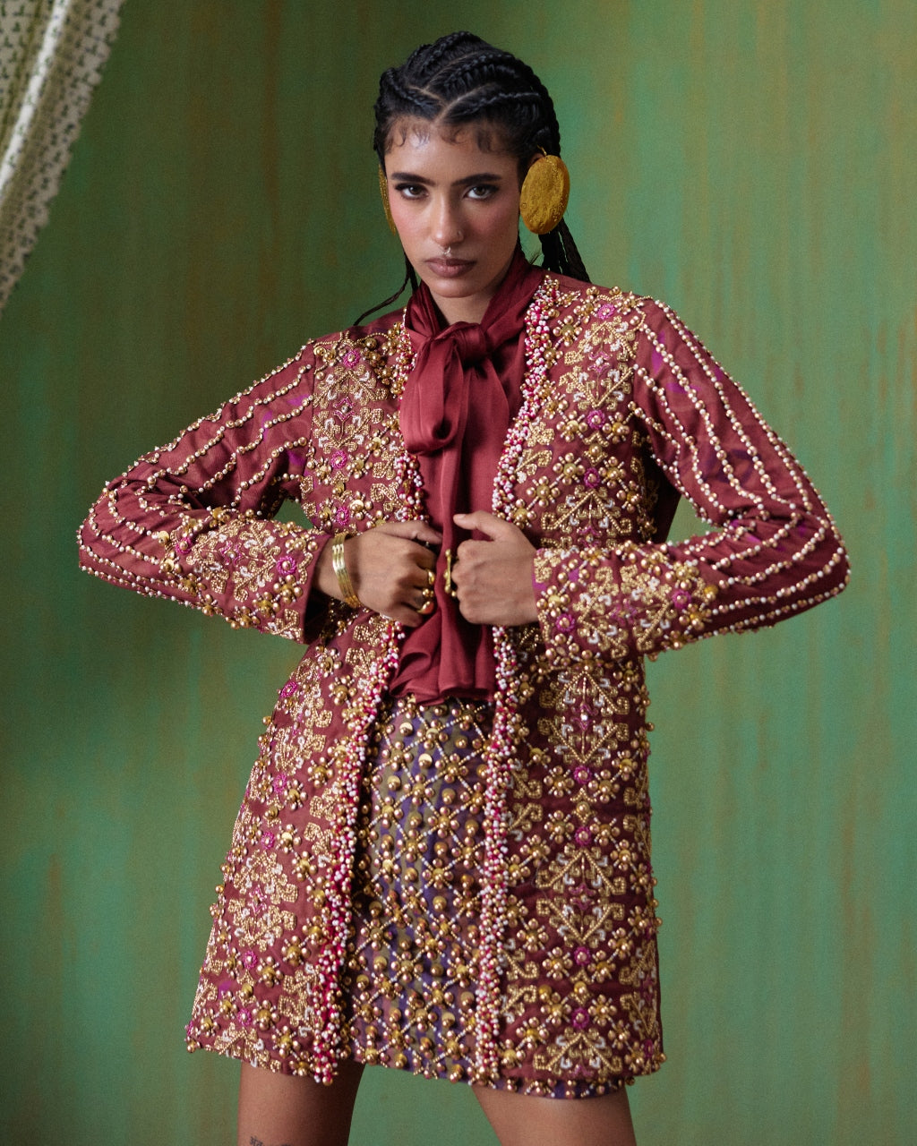 Rekha Maroon Embroidered Blazer Skirt Set