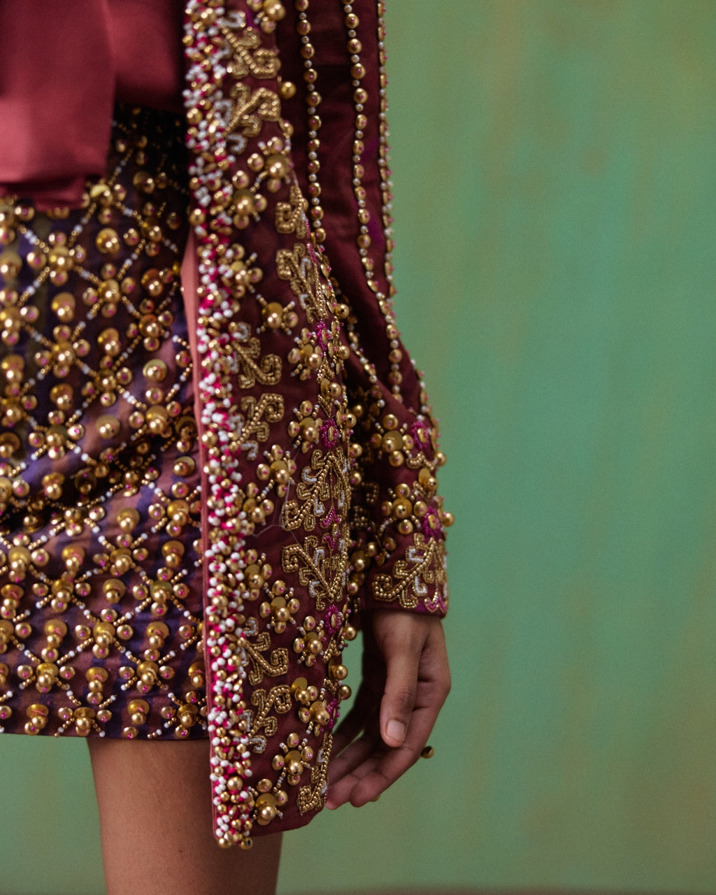 Rekha Maroon Embroidered Blazer Skirt Set