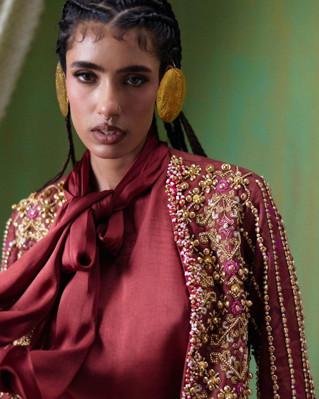 Rekha Maroon Embroidered Blazer Skirt Set