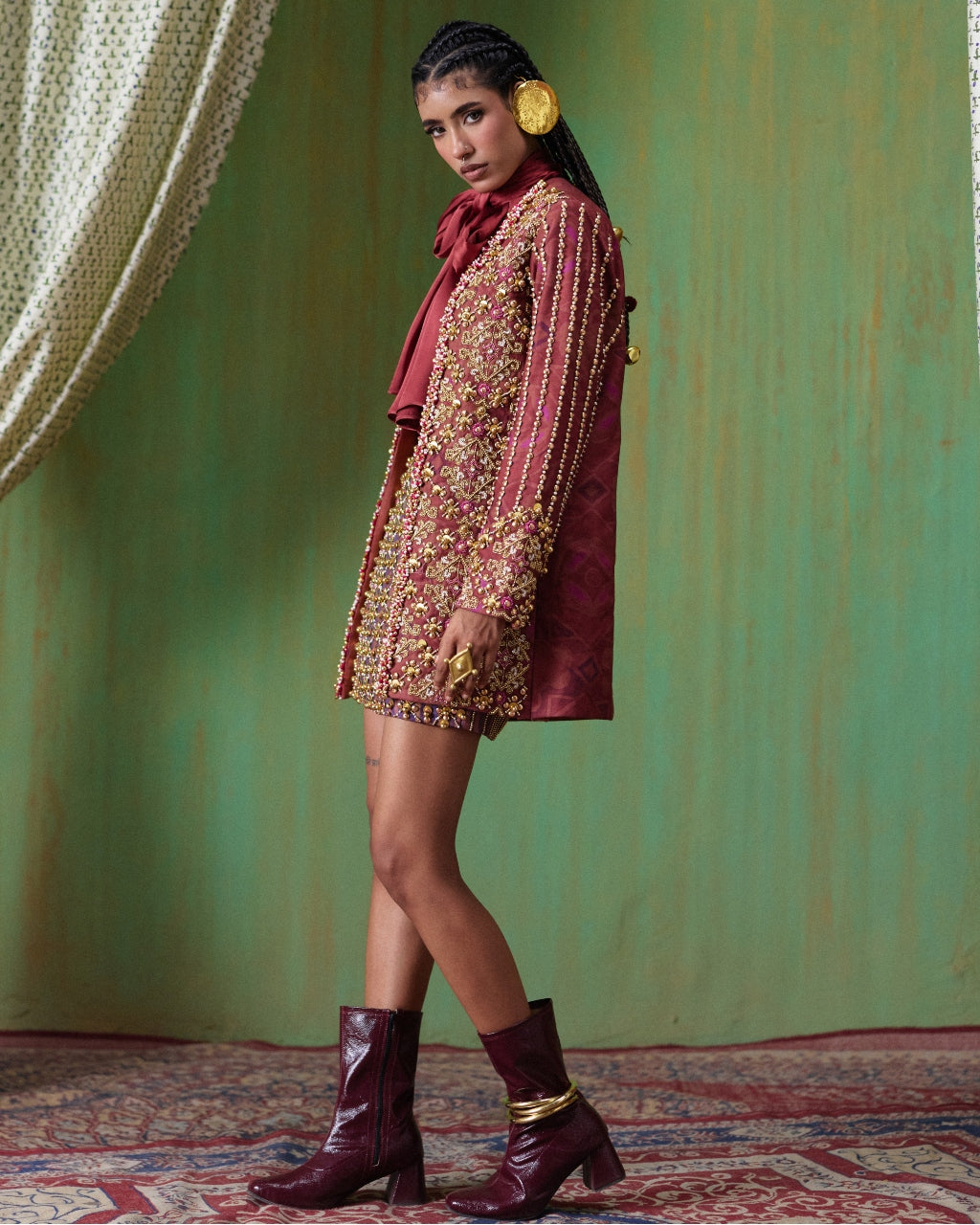 Rekha Maroon Embroidered Blazer Skirt Set