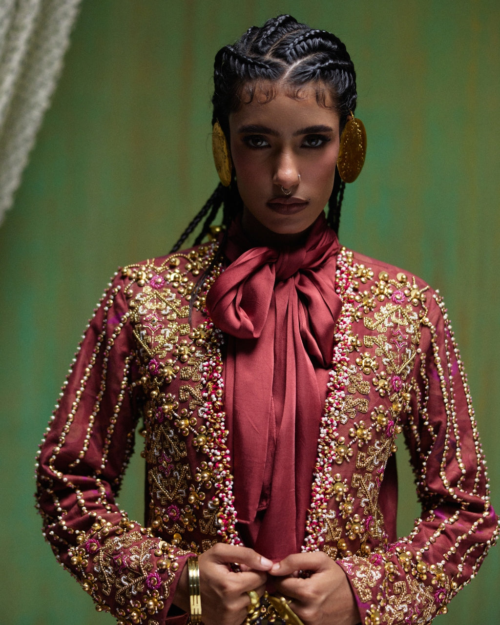 Rekha Maroon Embroidered Blazer Skirt Set