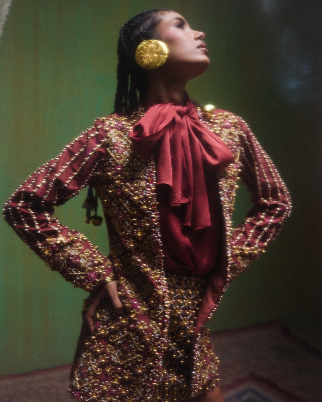 Rekha Maroon Embroidered Blazer Skirt Set