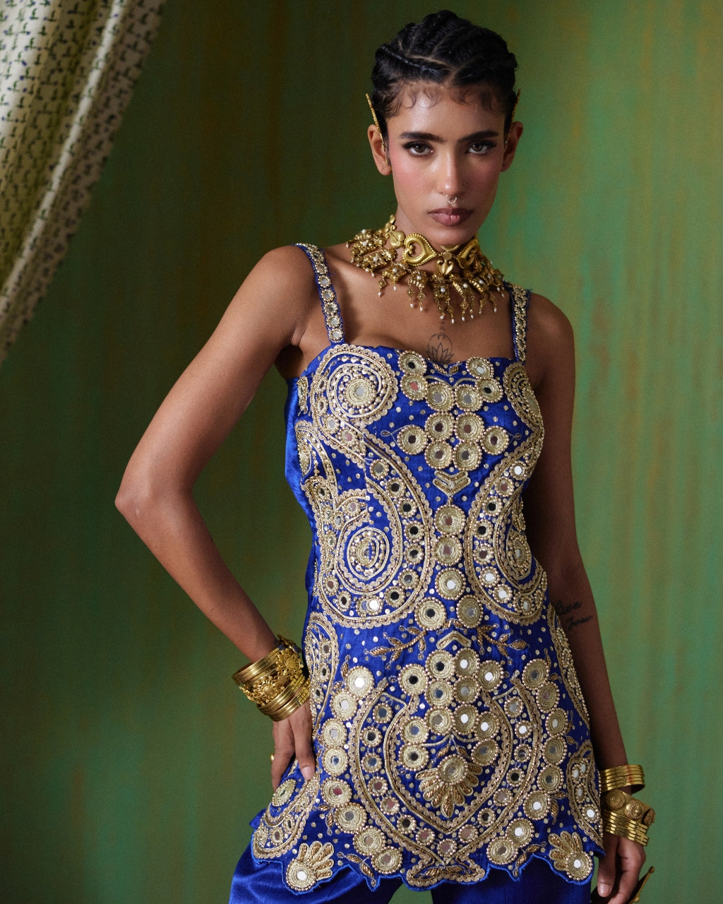 Roohani Royal Blue Mirror Embroidered Pant Set