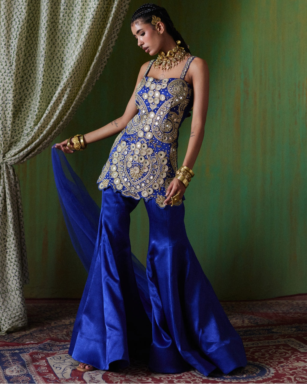 Roohani Royal Blue Mirror Embroidered Pant Set