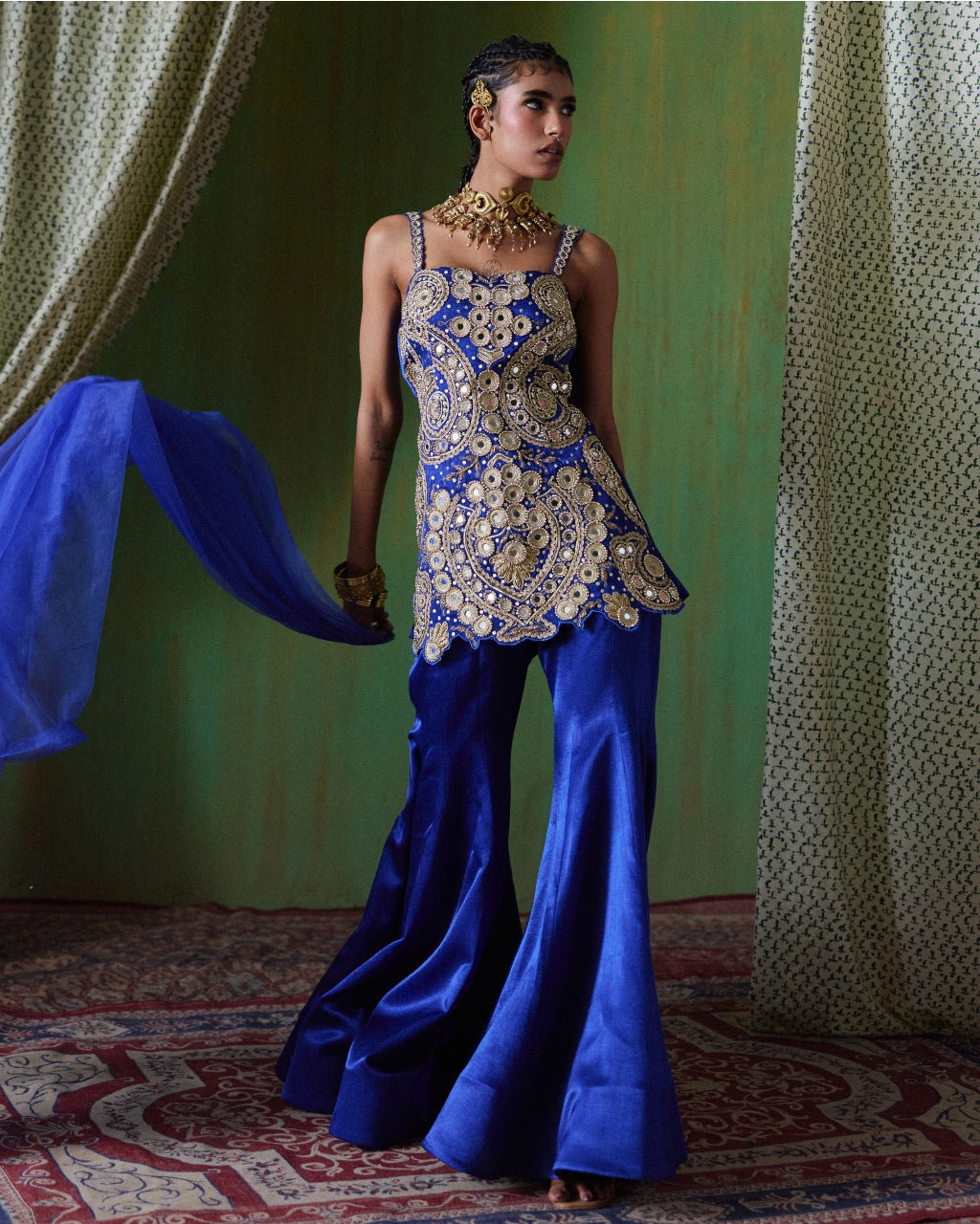 Roohani Royal Blue Mirror Embroidered Pant Set