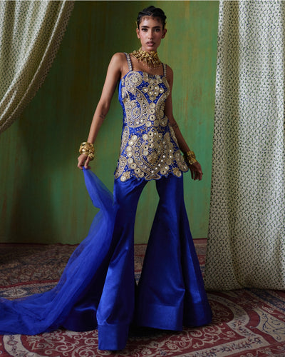 Roohani Royal Blue Mirror Embroidered Pant Set