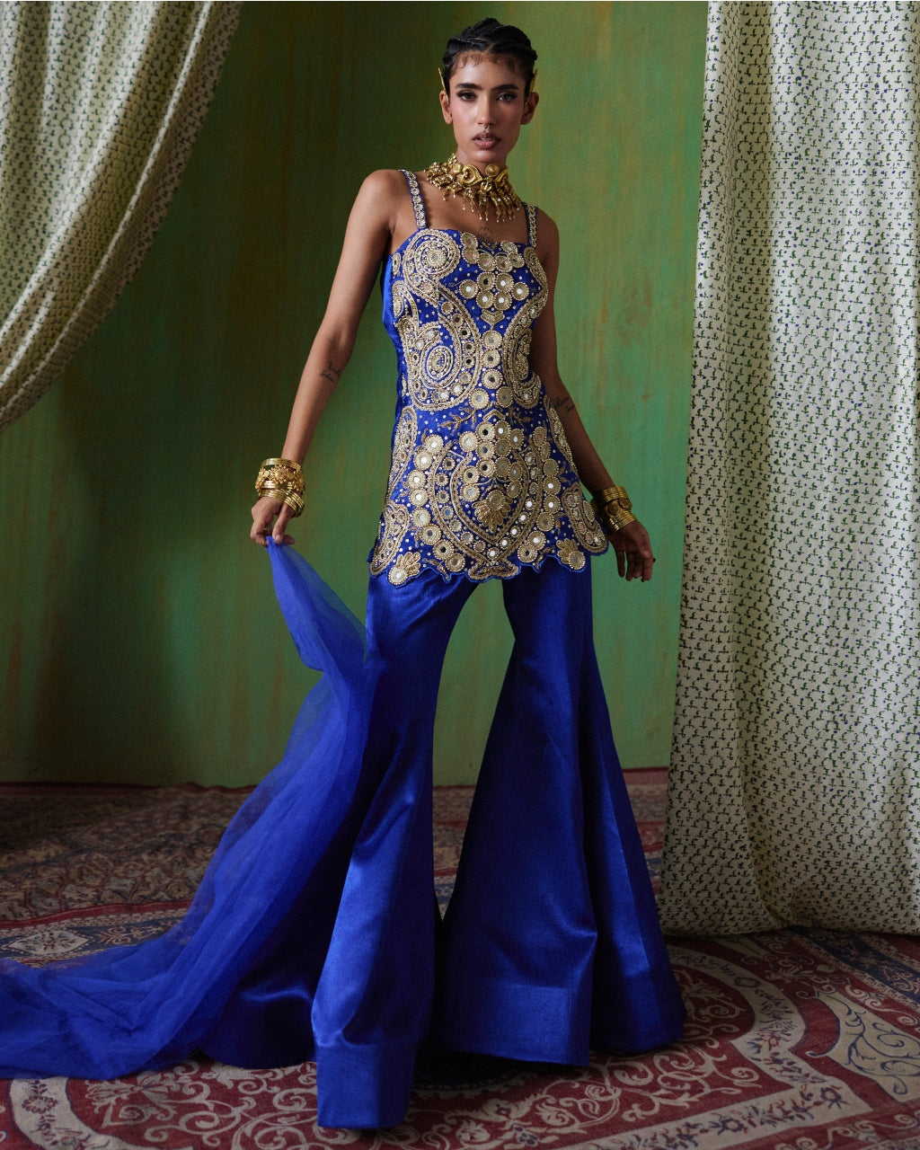Roohani Royal Blue Mirror Embroidered Pant Set
