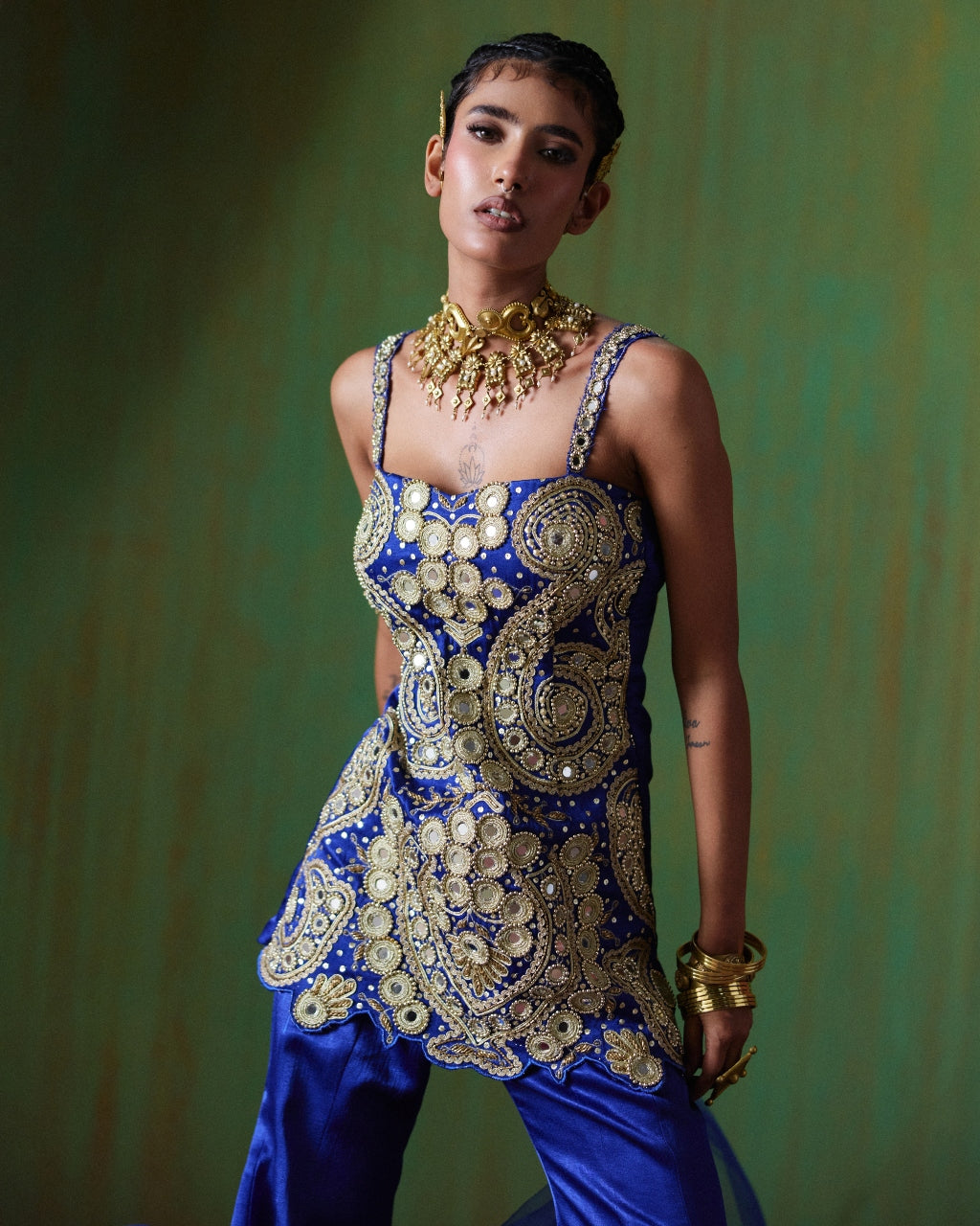 Roohani Royal Blue Mirror Embroidered Pant Set
