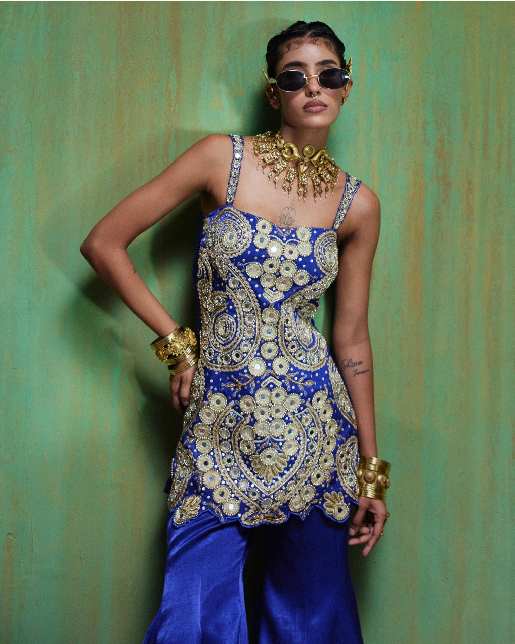 Roohani Royal Blue Mirror Embroidered Pant Set