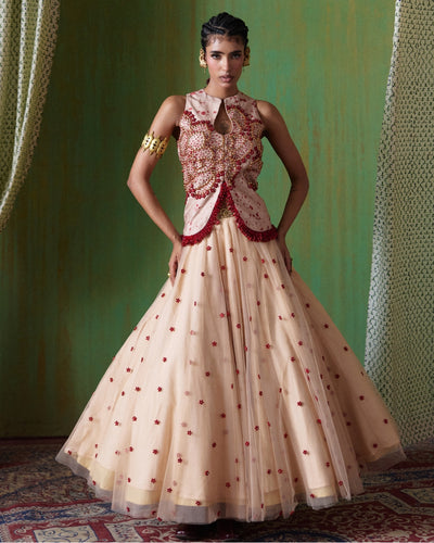 Phoolkari Off White Embellished Jacket Skirt Set