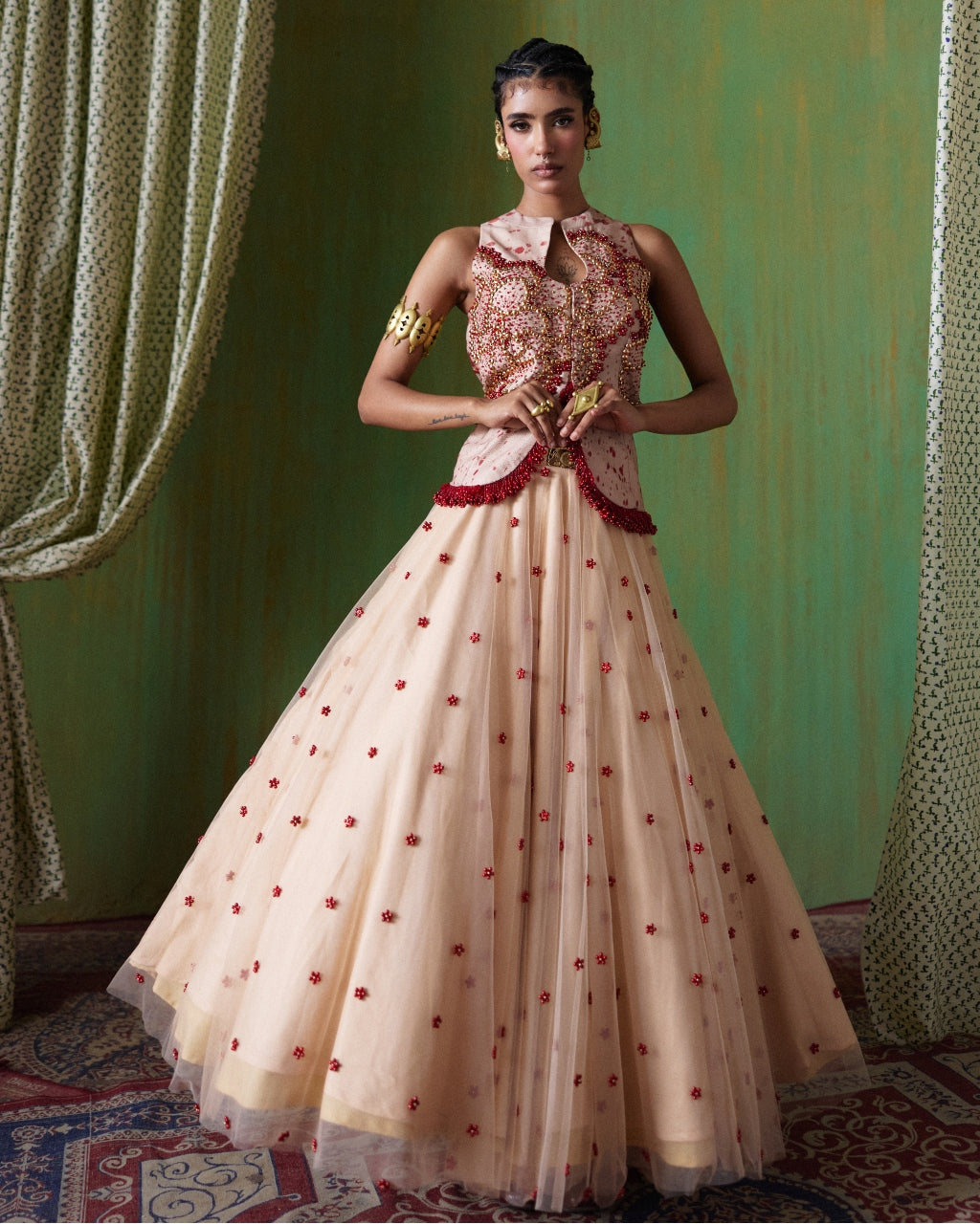 Phoolkari Off White Embellished Jacket Skirt Set