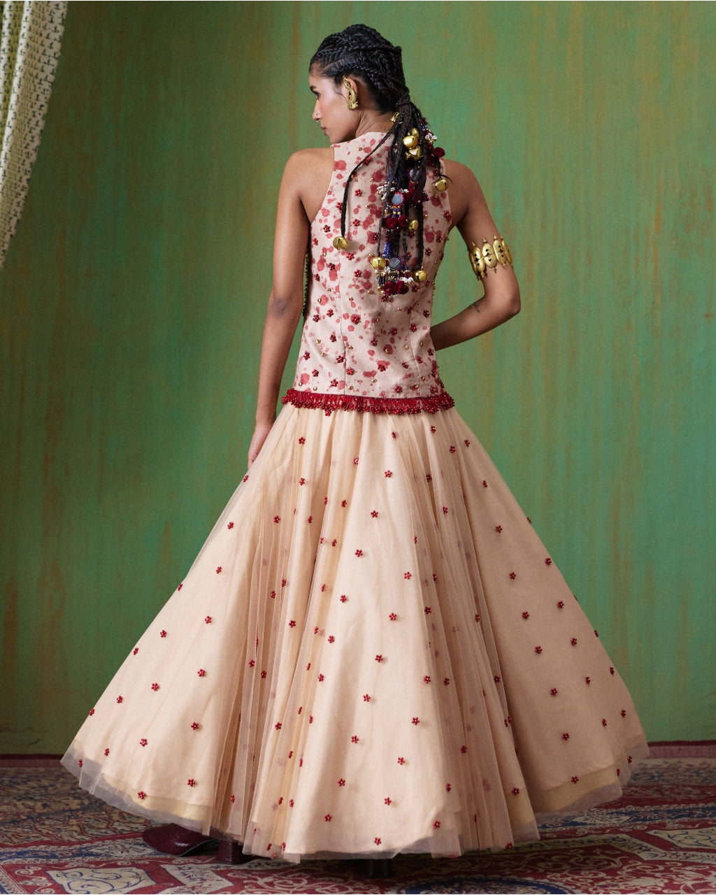 Phoolkari Off White Embellished Jacket Skirt Set