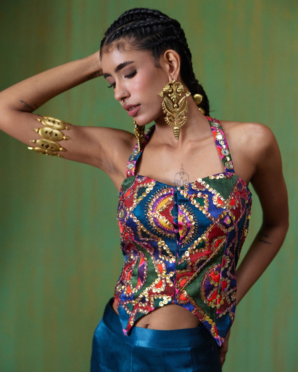 Juhi Peacock Blue Embroidered Pant Set