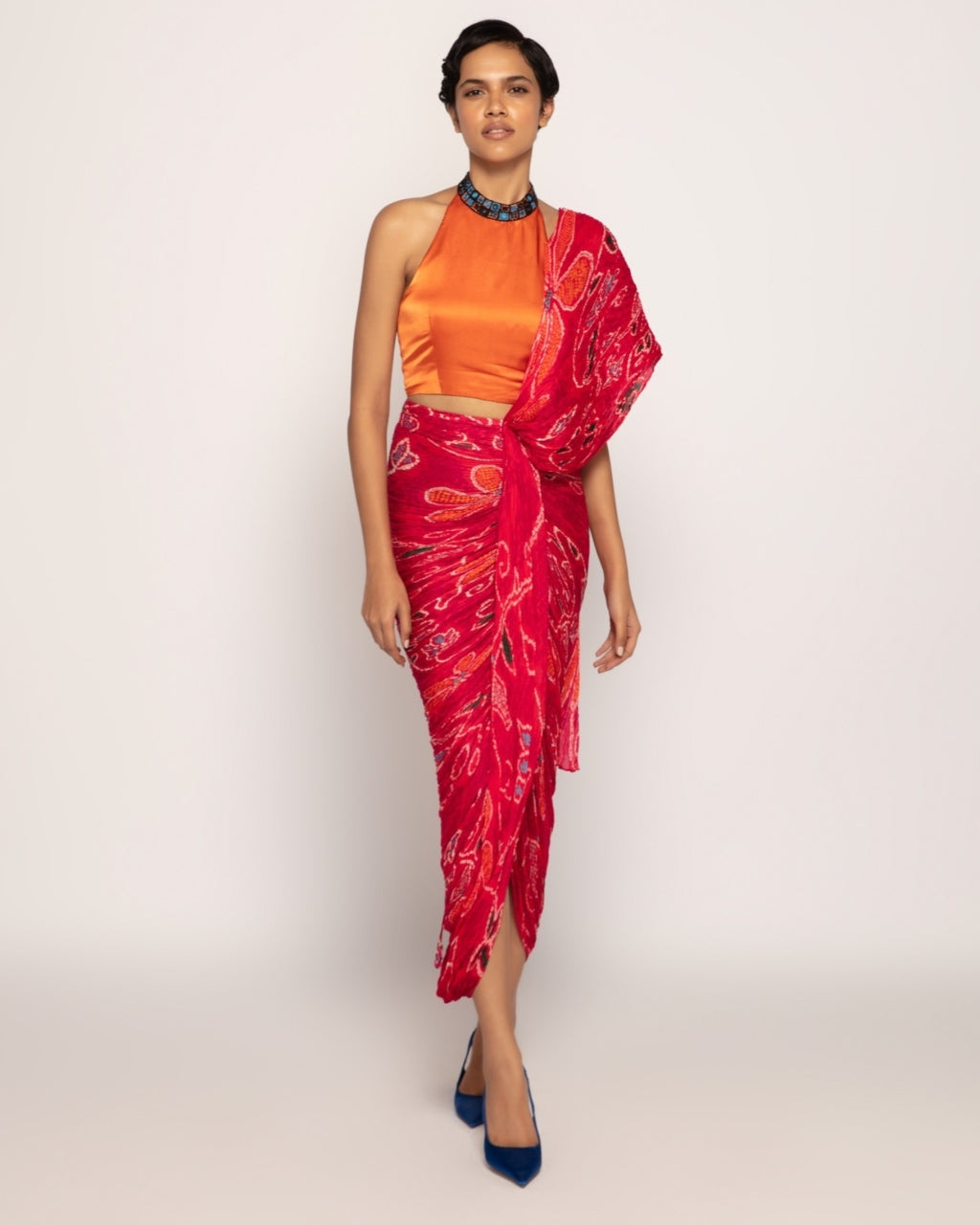 Pink Marigold Drape Sari Set