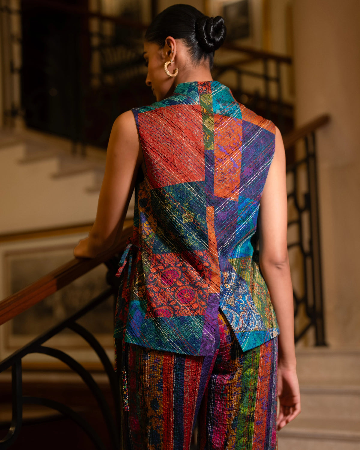 Multicolour Kantha Waistcoat Pant Set