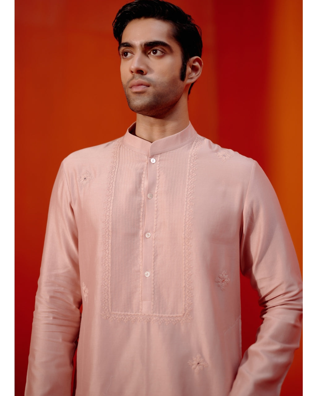 Blush Pink Self Embroidered Chanderi Kurta Set