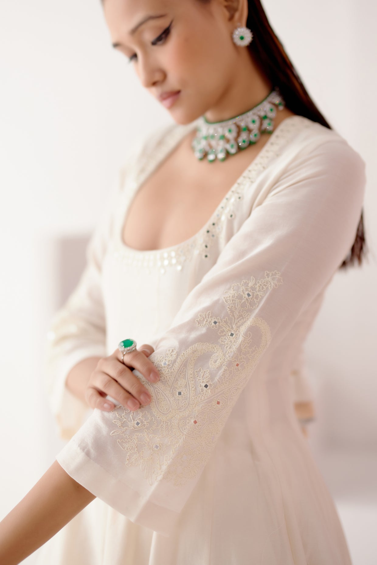Ivory Patra Embellished Silk Chanderi Anarkali Set