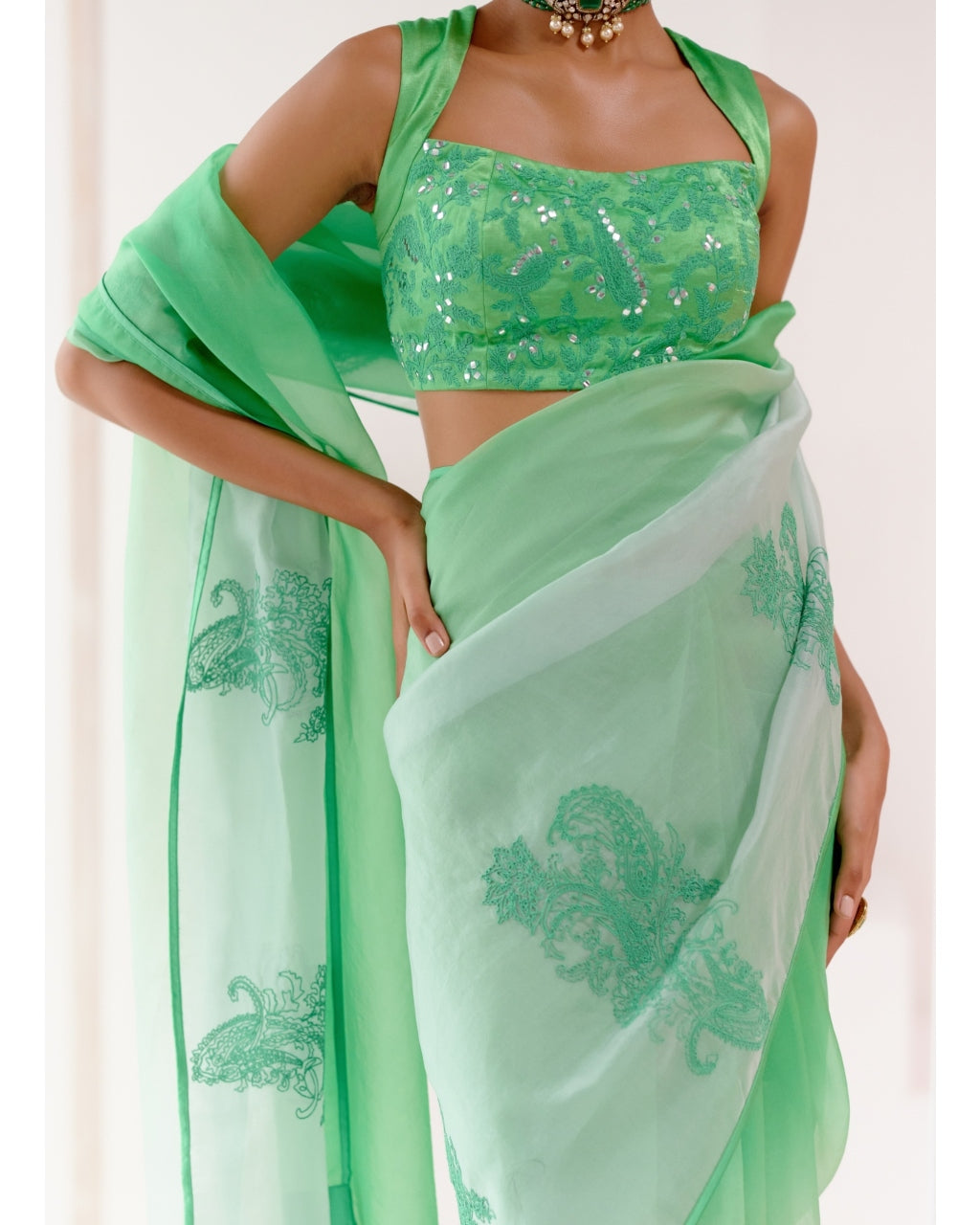 Green Embroidered Ombre Organza Sari