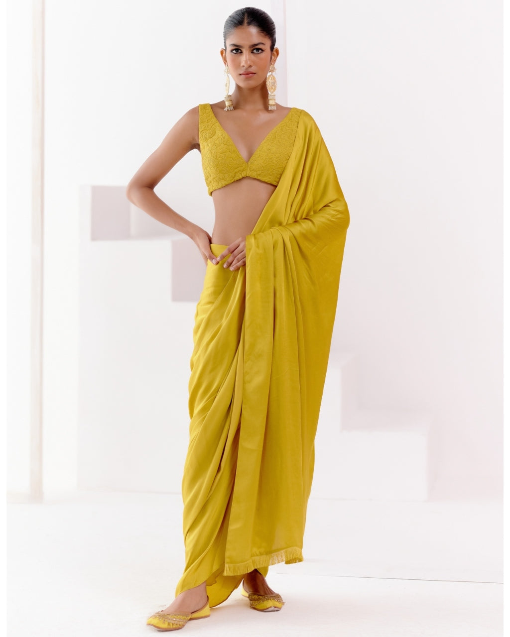 Mustard Satin Pre Draped Sari
