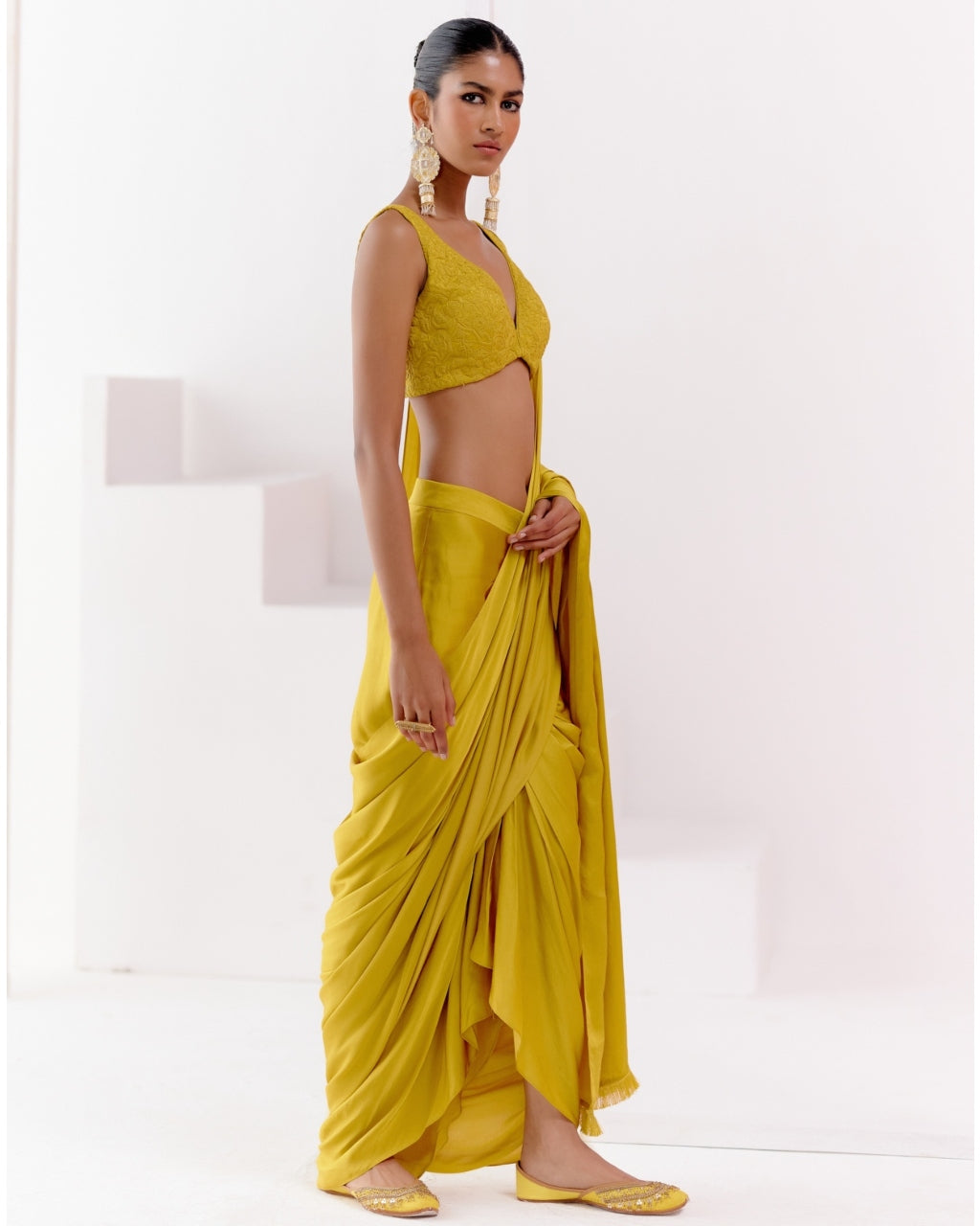 Mustard Satin Pre Draped Sari