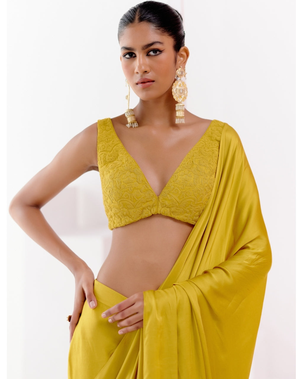Mustard Satin Pre Draped Sari