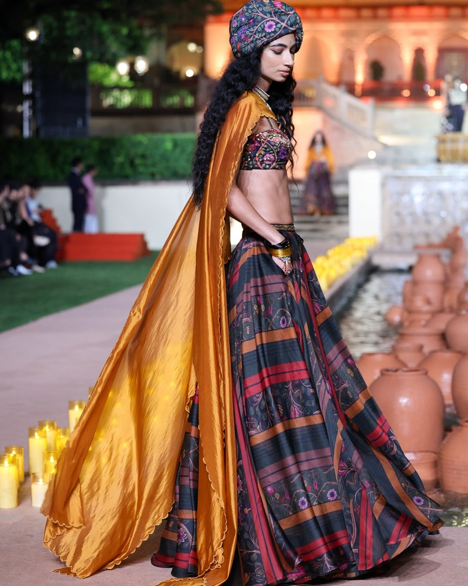 Black And Sarso Amer Lehenga Set