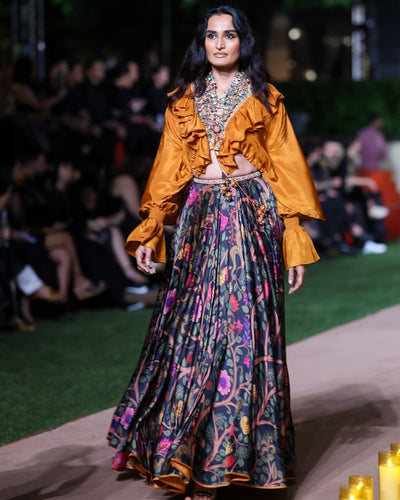 Black And Sarso Ruffle Kumari Set