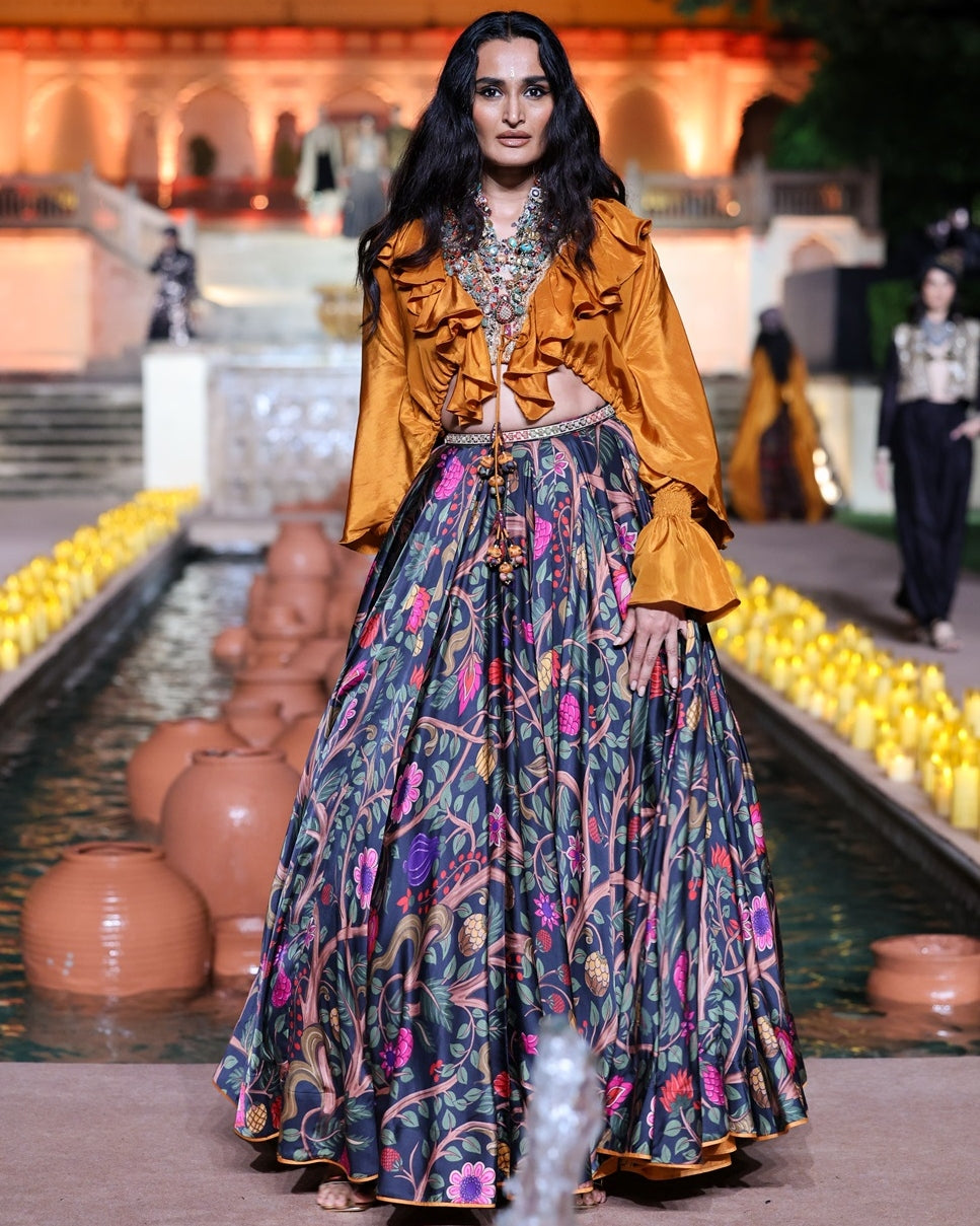 Black And Sarso Ruffle Kumari Set