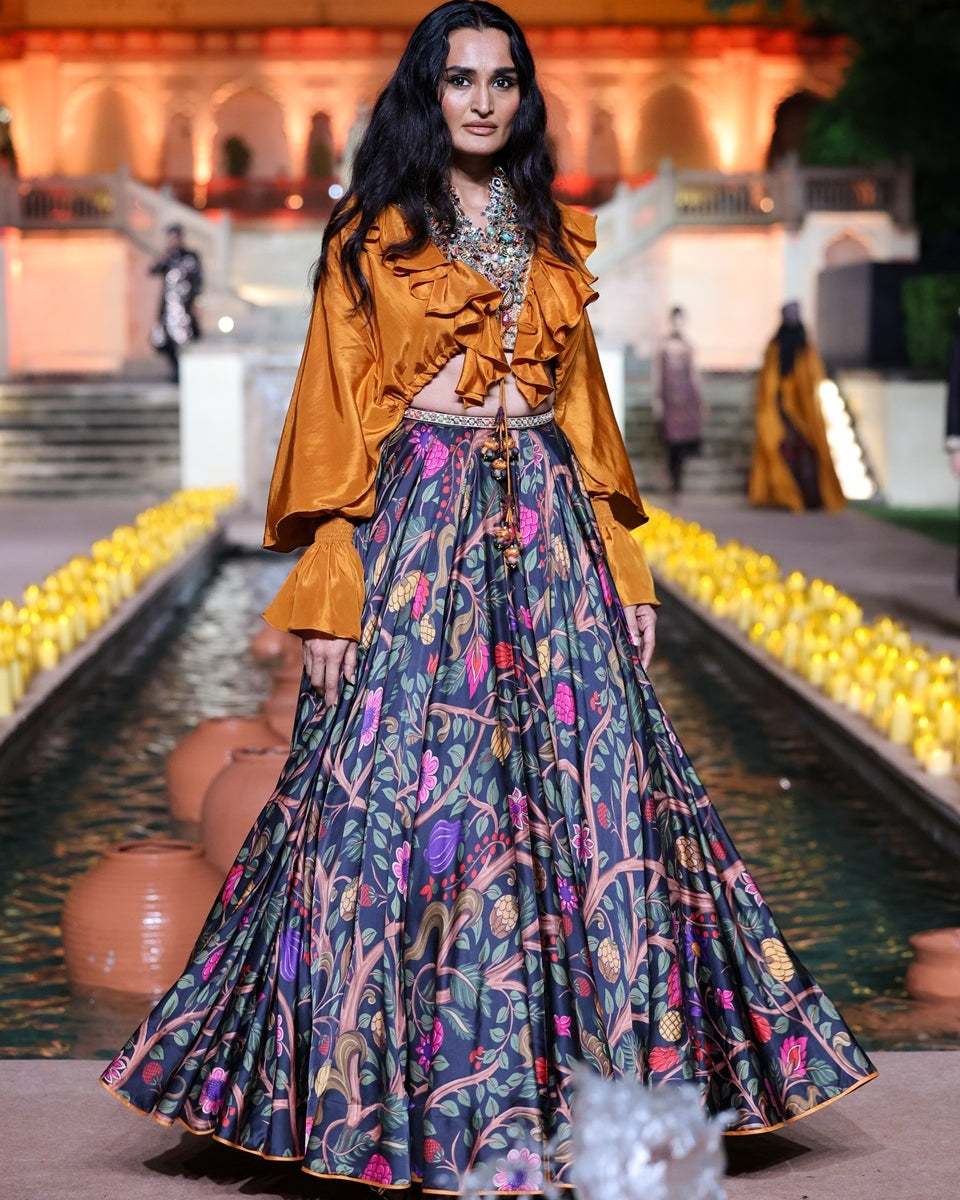 Black And Sarso Ruffle Kumari Set