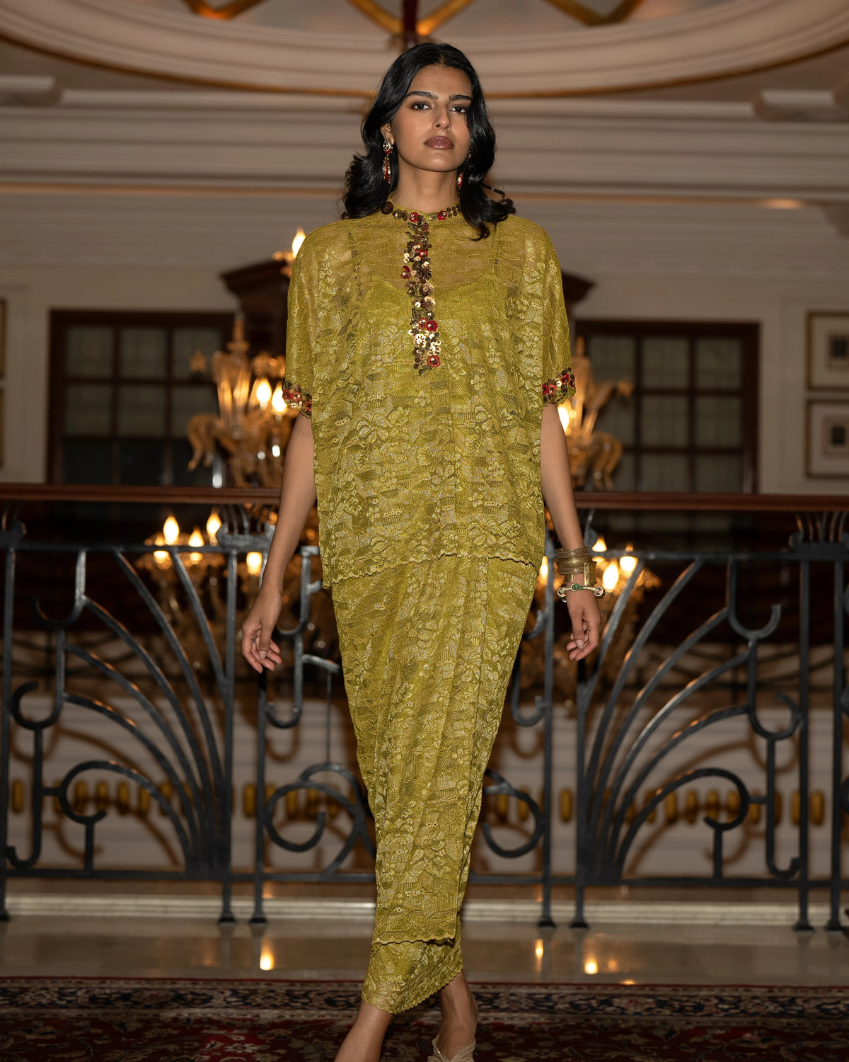 Olive Gold Lace Skirt Set