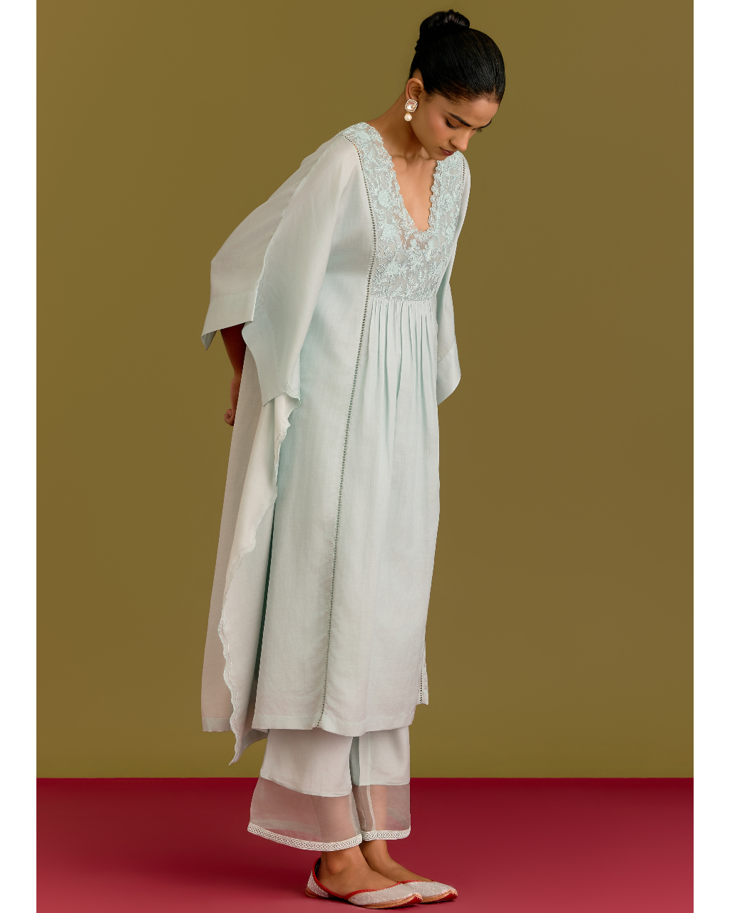Powder Blue Cotton Silk Satin Kaftan Set