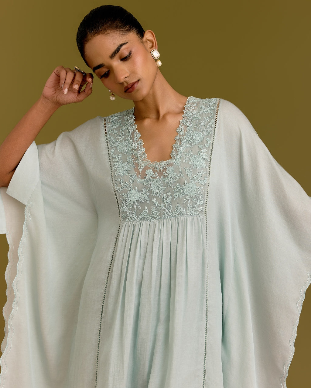 Powder Blue Cotton Silk Satin Kaftan Set