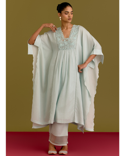 Powder Blue Cotton Silk Satin Kaftan Set