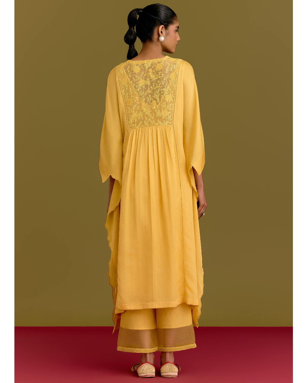 Yellow Cotton Silk Satin Kaftan Set