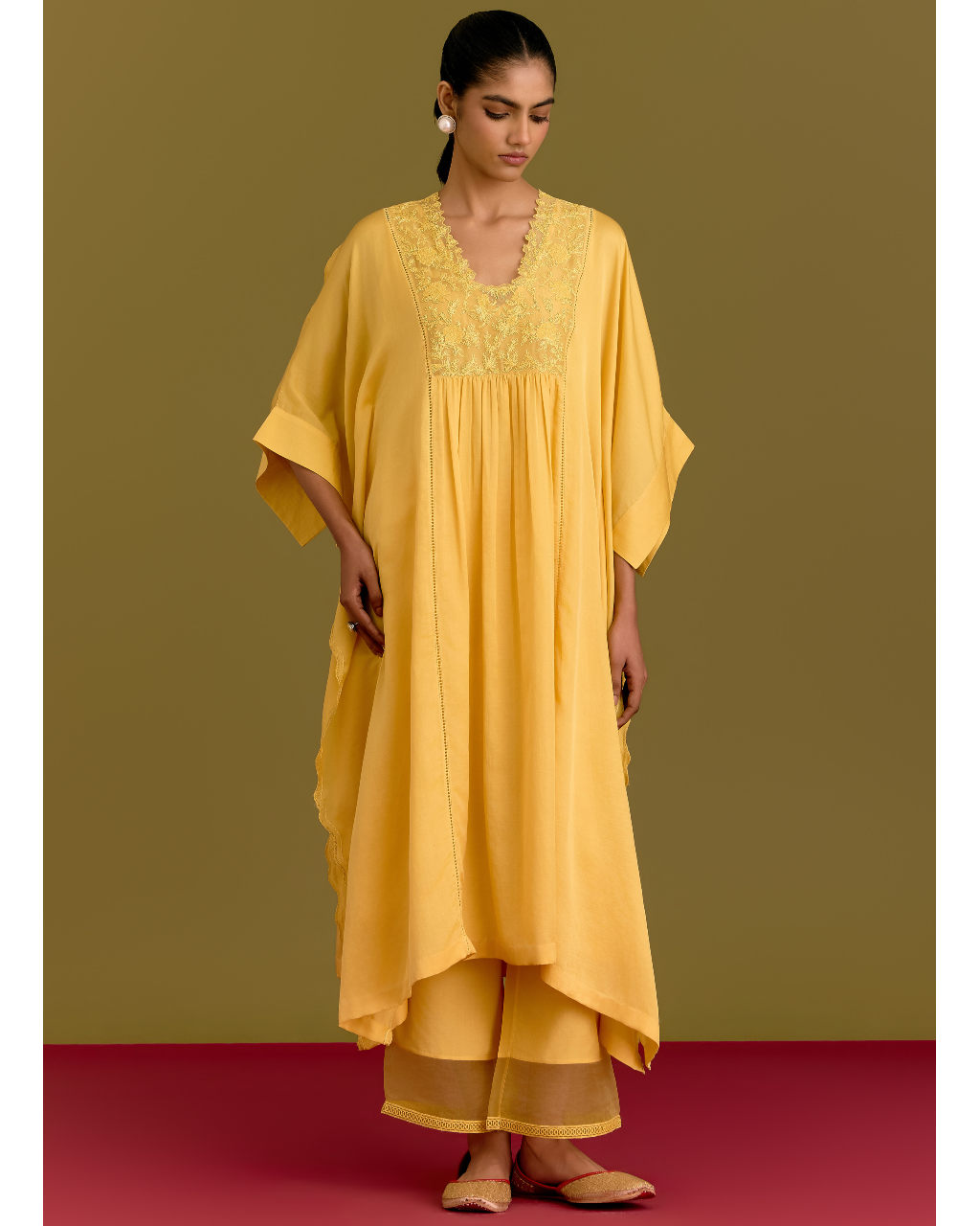 Yellow Cotton Silk Satin Kaftan Set