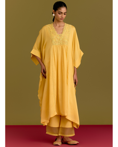 Yellow Cotton Silk Satin Kaftan Set