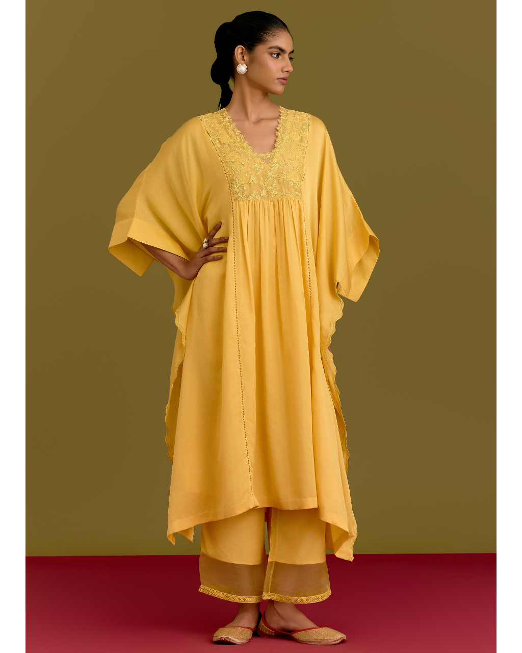 Yellow Cotton Silk Satin Kaftan Set