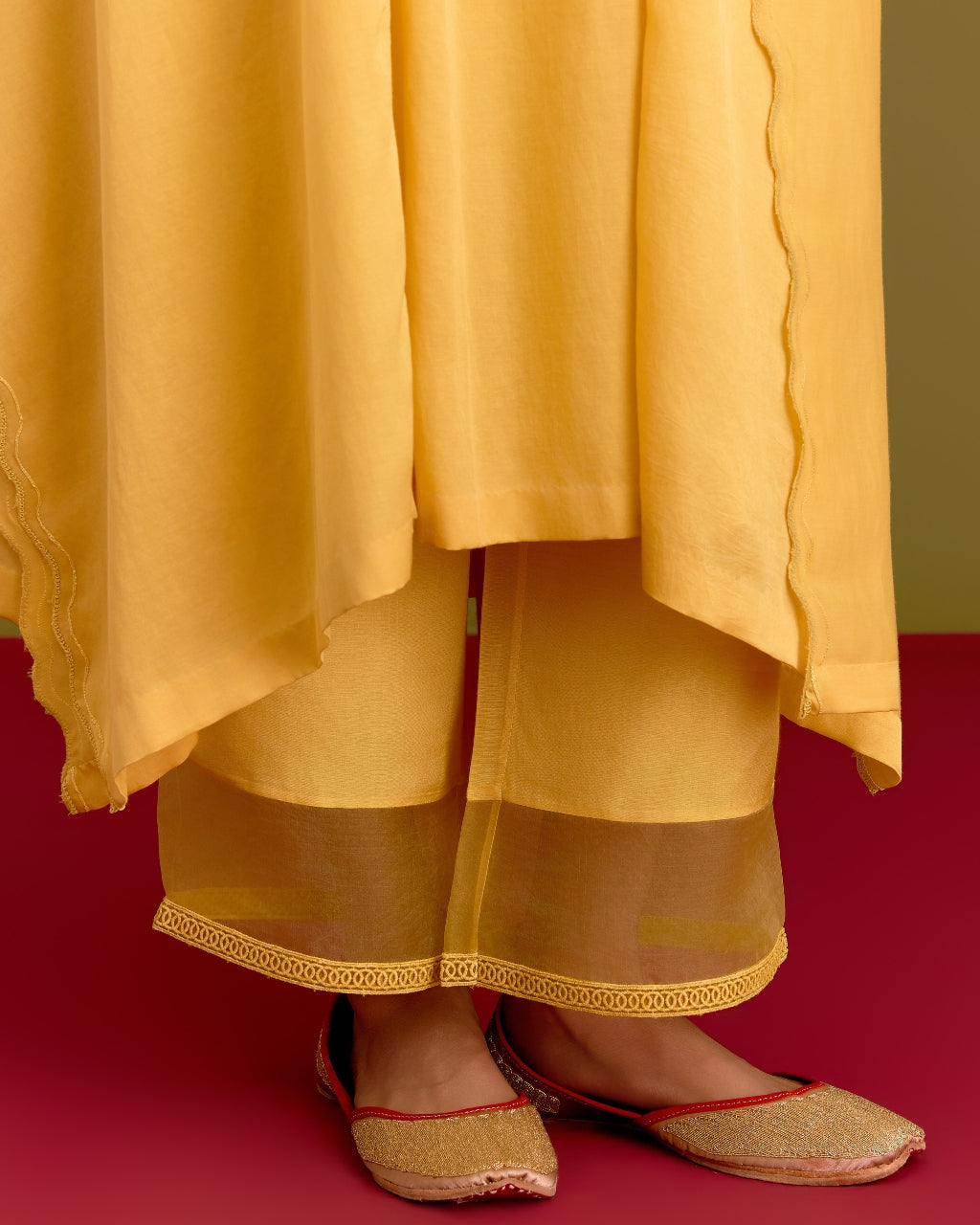 Yellow Cotton Silk Satin Kaftan Set