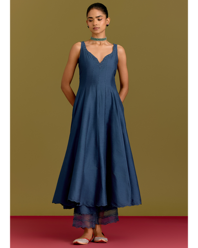 Blue Cotton Silk Satin Anarkali Set