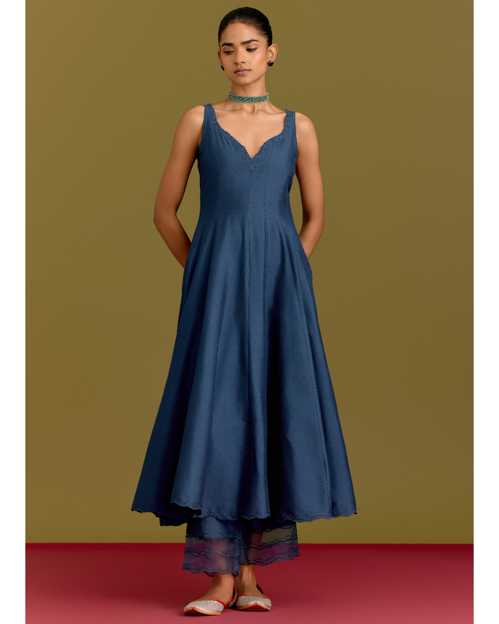 Blue Cotton Silk Satin Anarkali Set