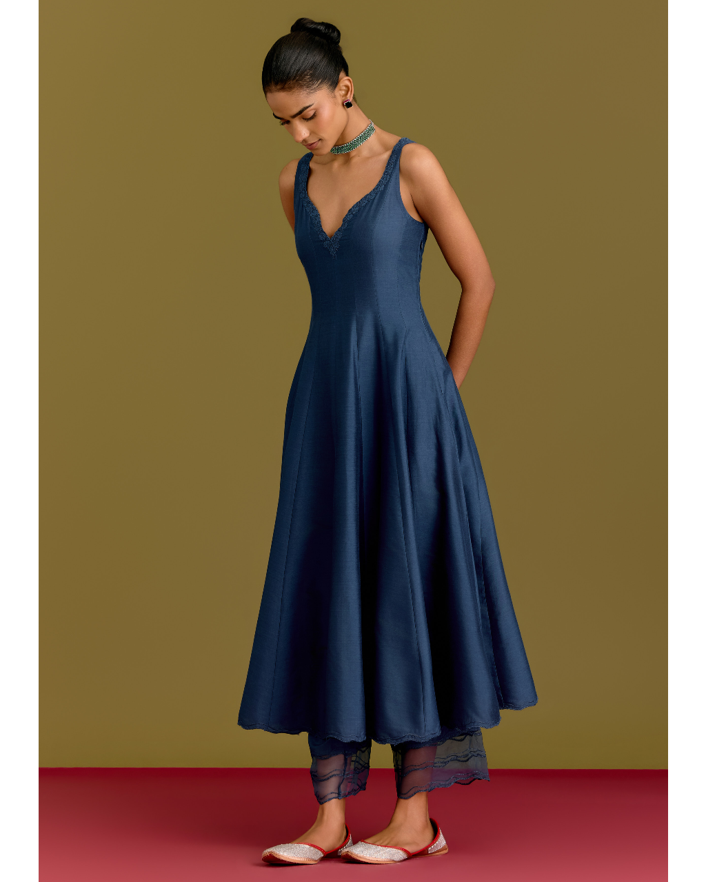 Blue Cotton Silk Satin Anarkali Set