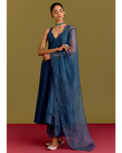 Blue Cotton Silk Satin Anarkali Set