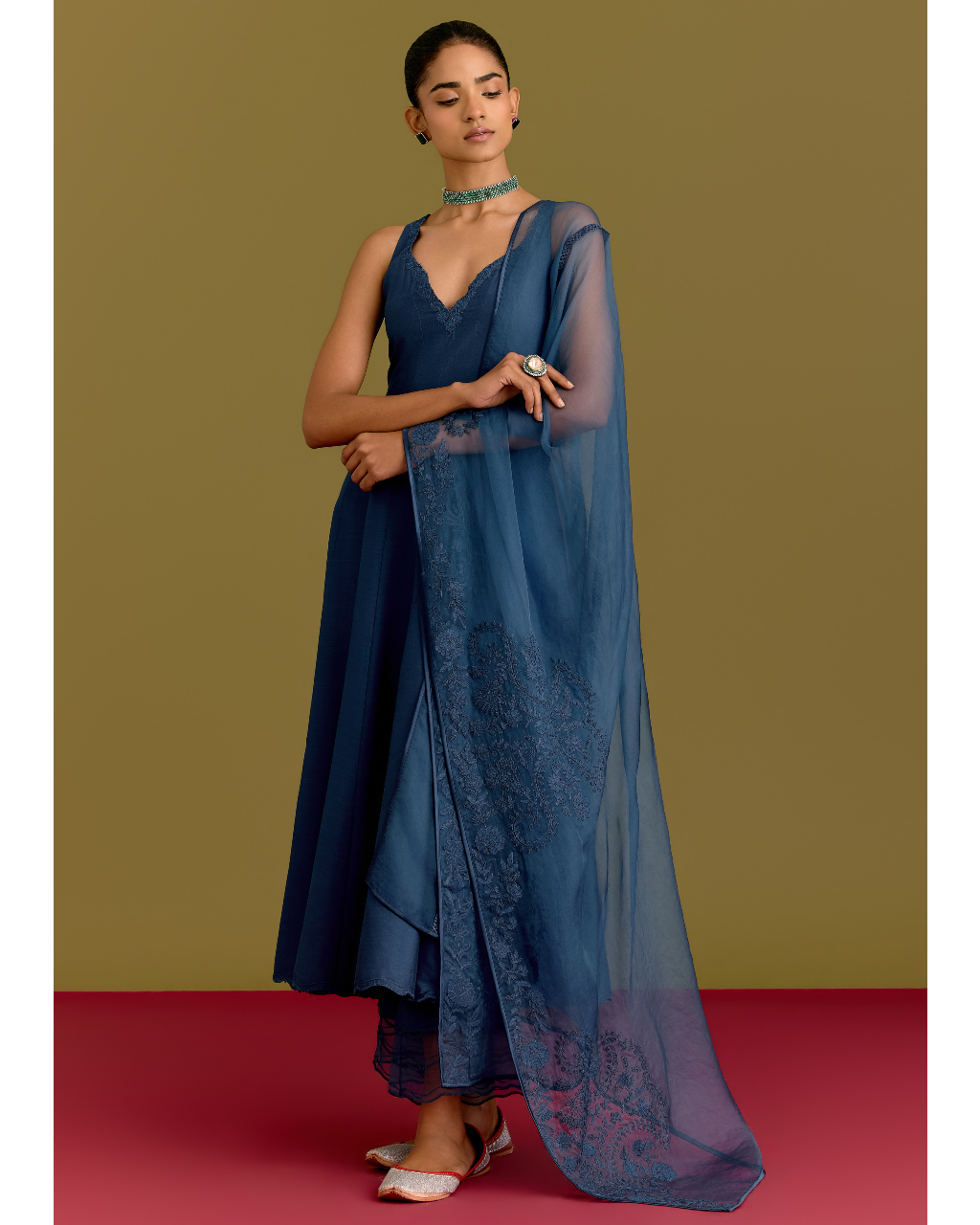Blue Cotton Silk Satin Anarkali Set