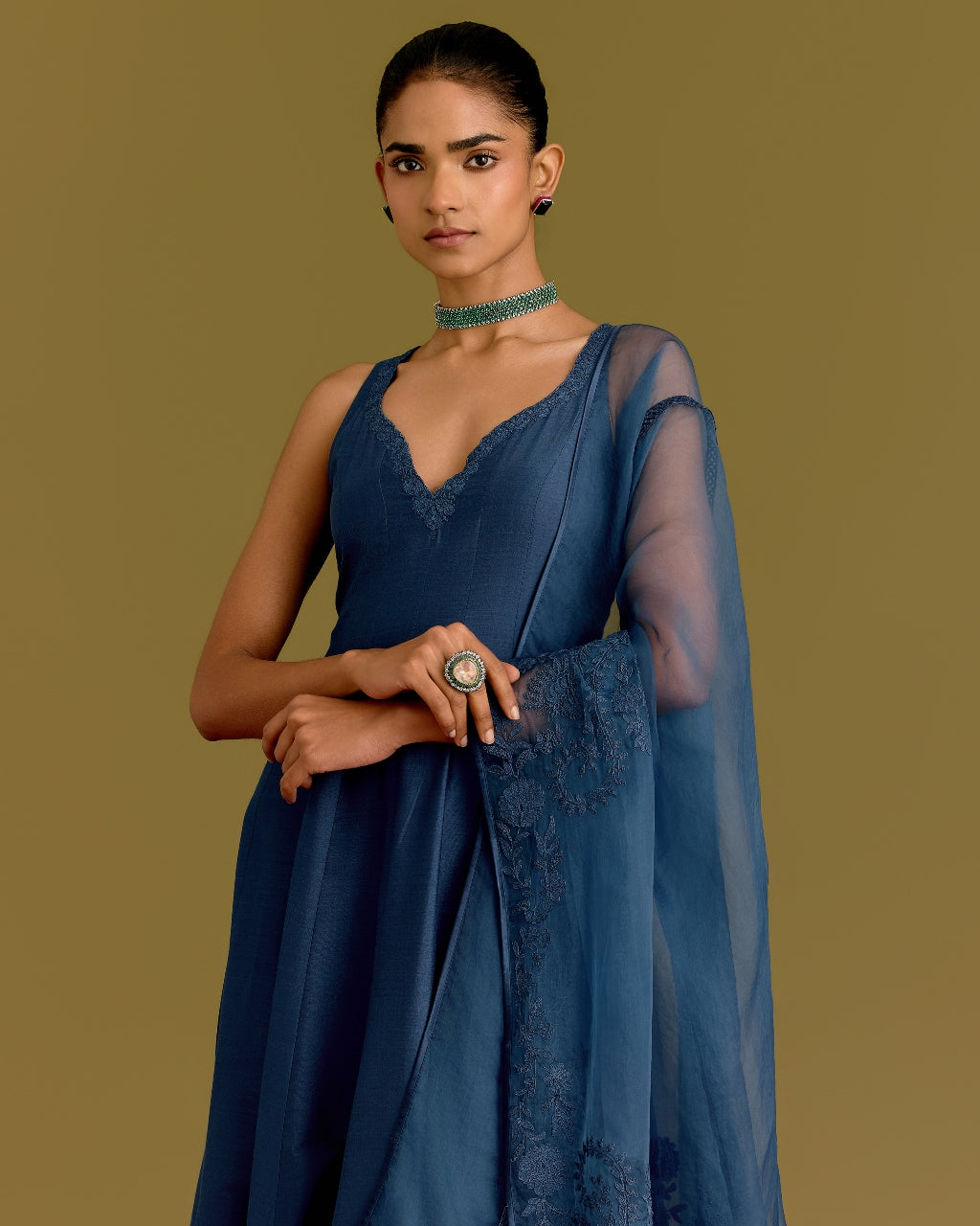 Blue Cotton Silk Satin Anarkali Set