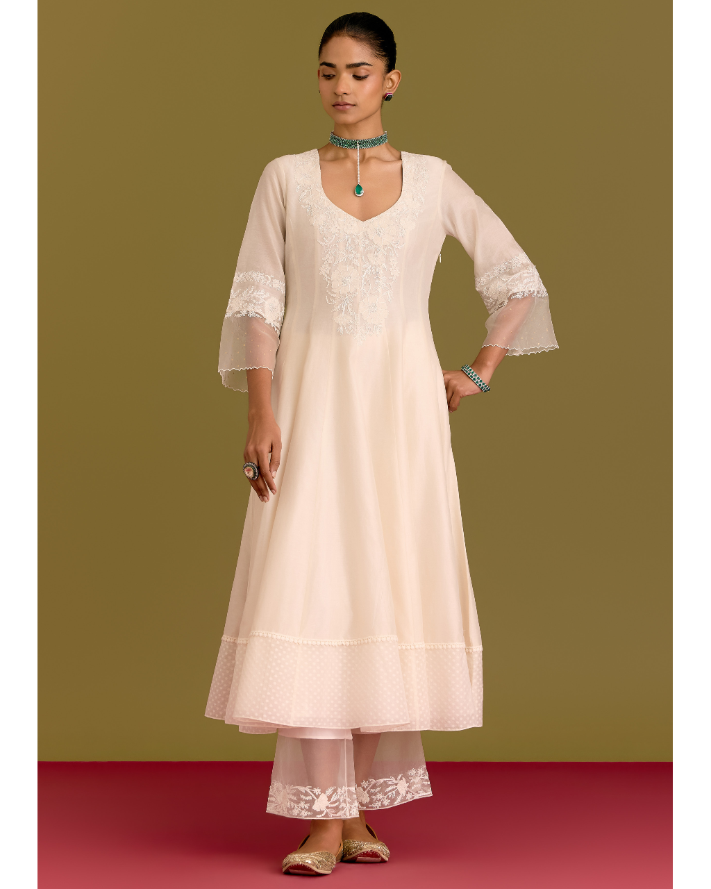 Ivory Silk Chanderi Anarkali Set